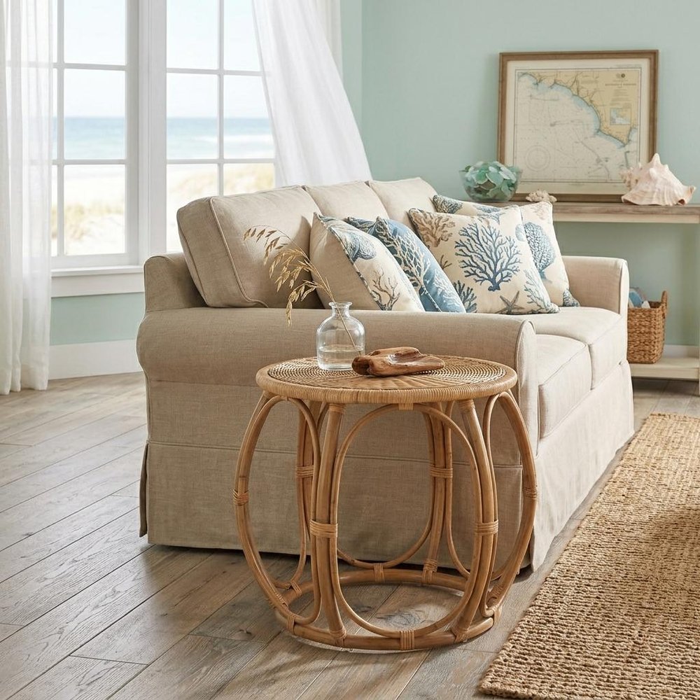 24" Natural Rattan Round Drum End Table