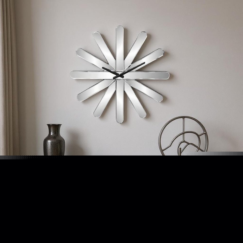 26" Silver Mirrored Glass Silent Analog Starburst Wall Clock