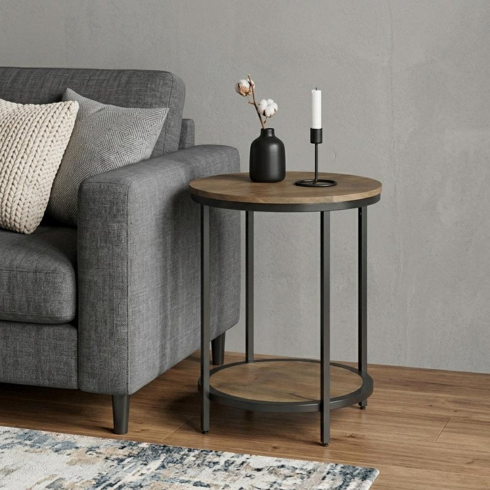 24" Gray and Black Solid Wood and Iron Round End Table With Shelf