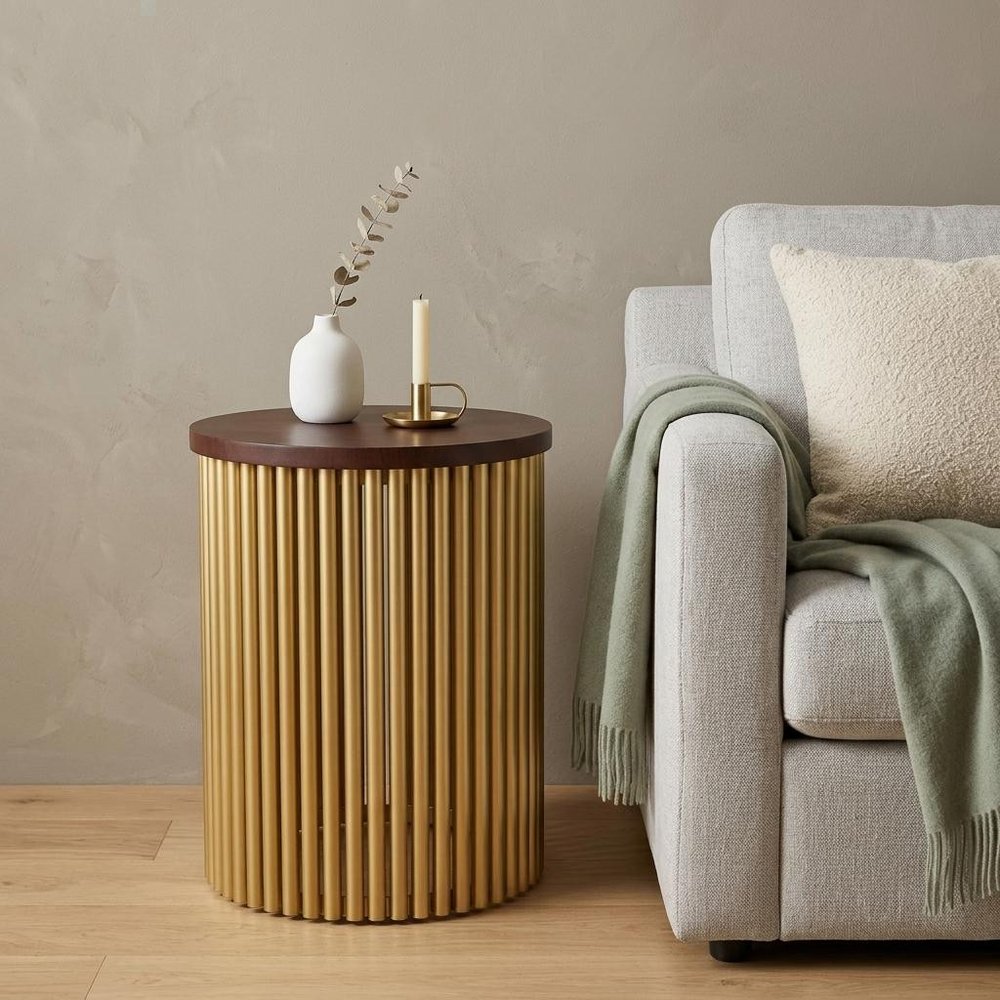 21" Dark Brown and Gold Solid Wood and Iron Round Frame End Table