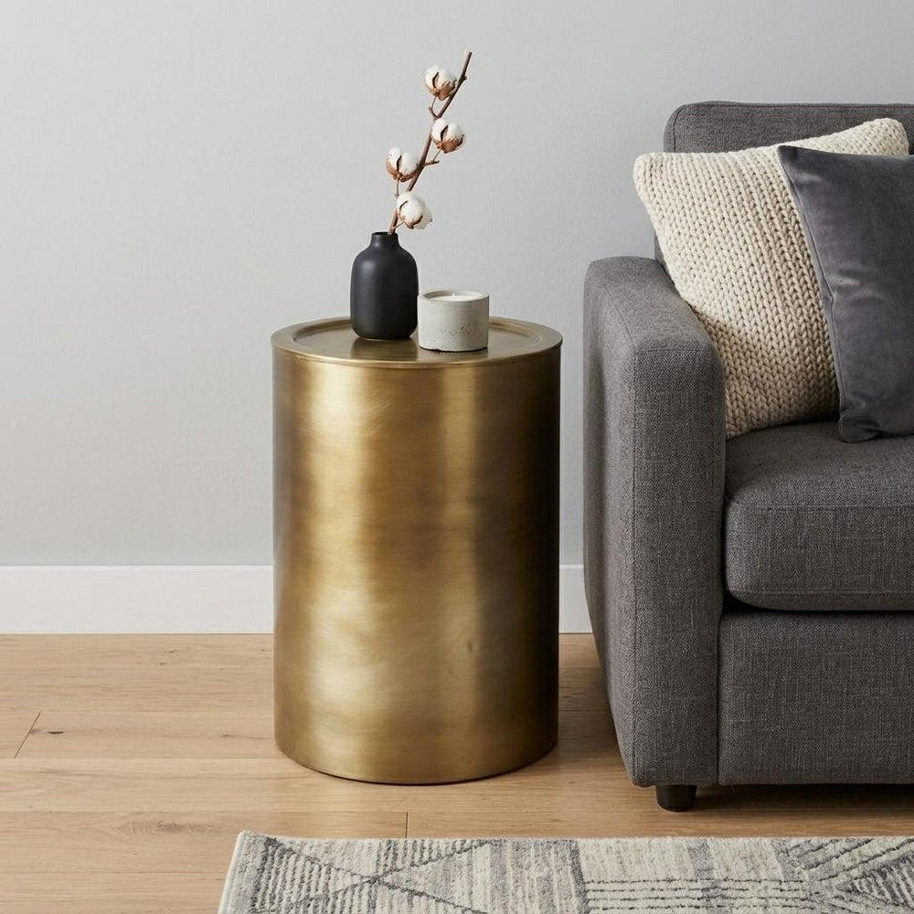 21" Antiqued Gold Iron Round Drum End Table
