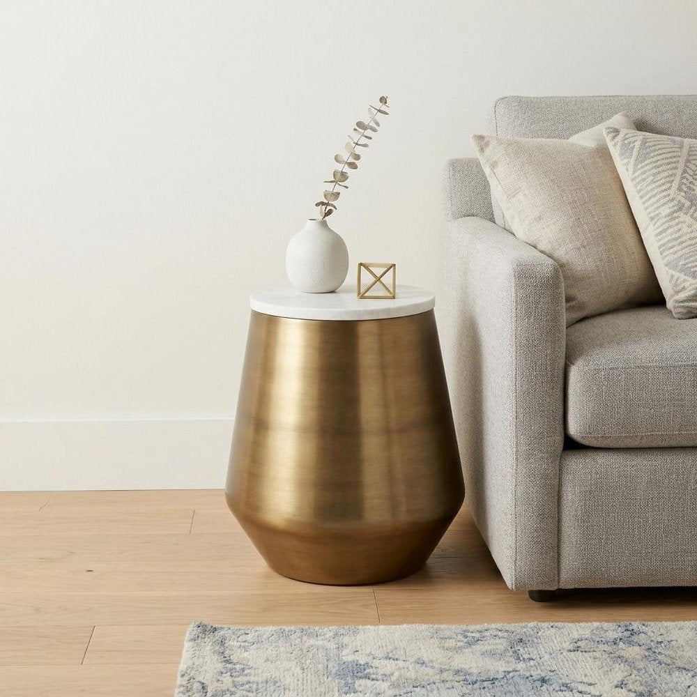 18" White and Antiqued Brass Marble and Iron Round Drum End Table