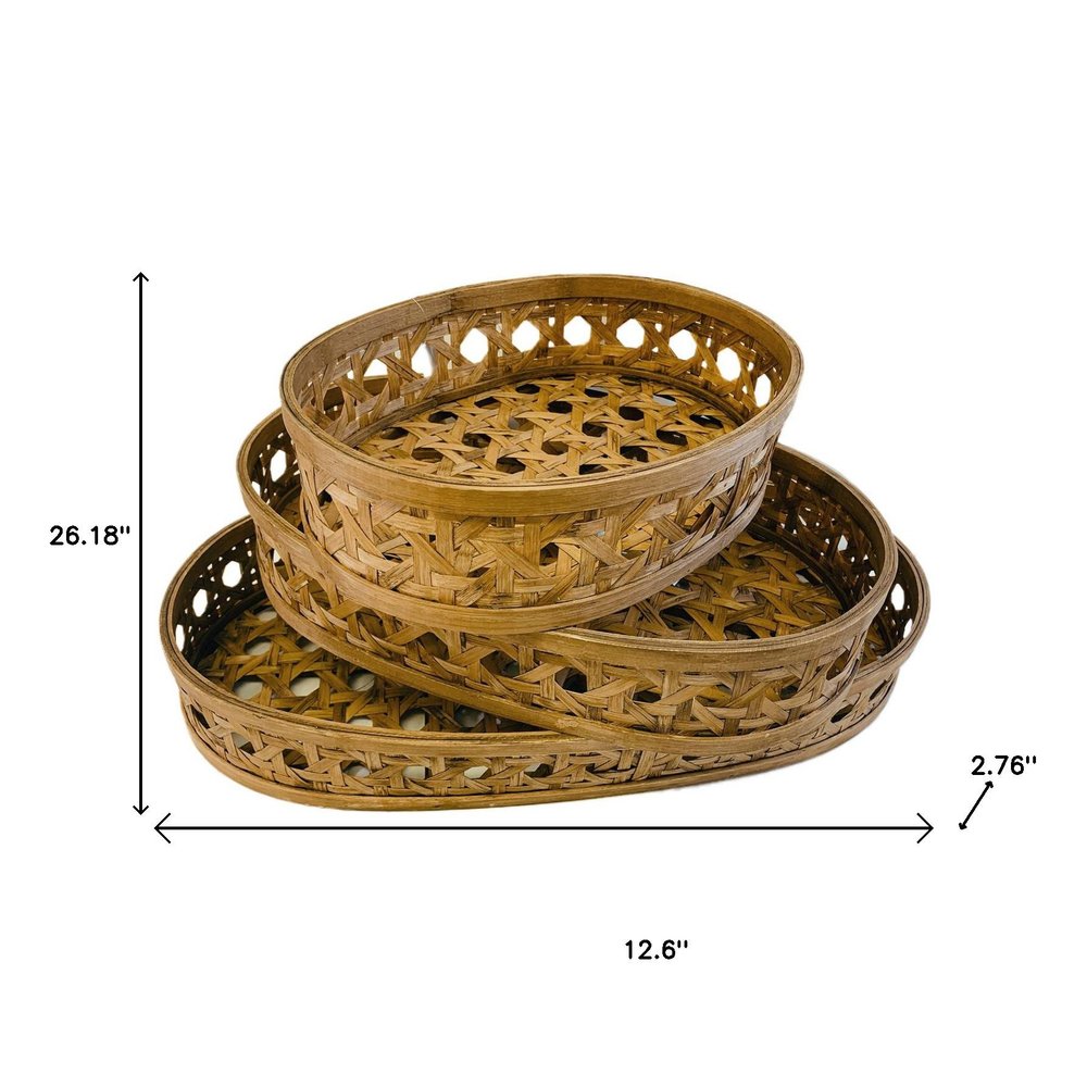 Set of Three Brown Solid Wood Basket