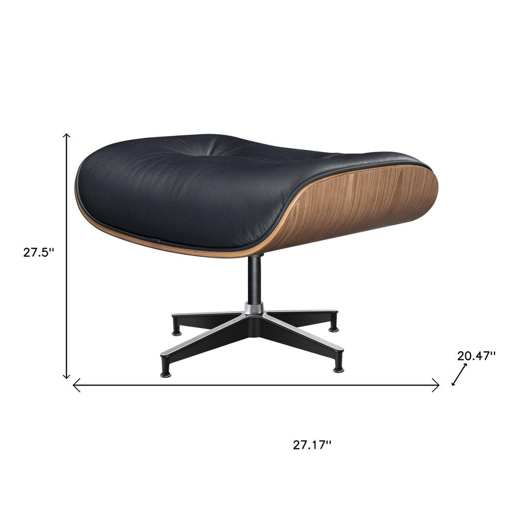 27" Black and Light Brown Tufted Genuine Leather Swivel Lounge Chair With Ottoman