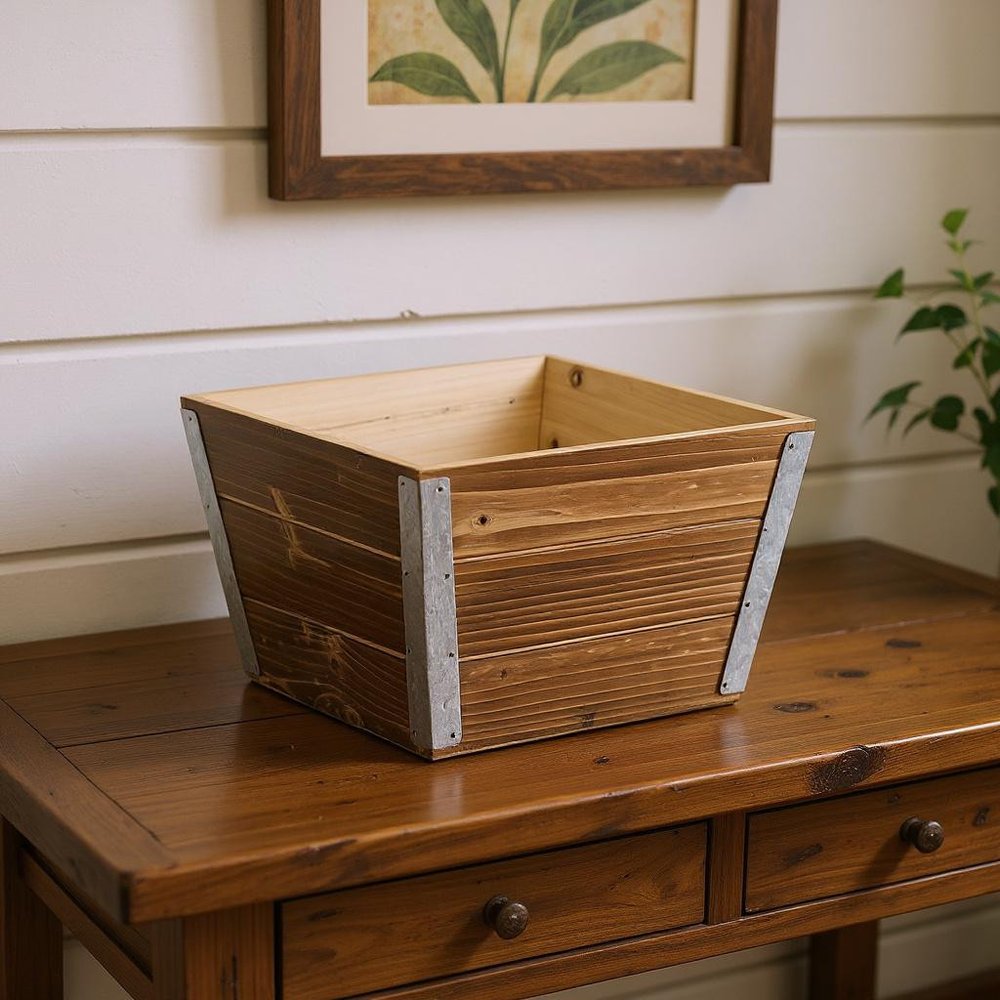 Brown Wood And Metal 300 Ounce Square Distressed Planter Box