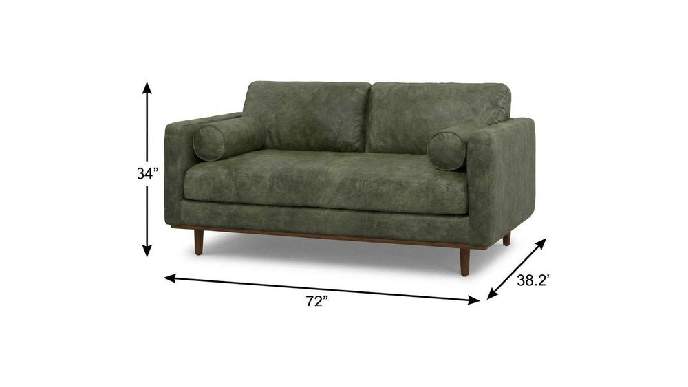72" Moss Green Leather Sofa With Brown Legs