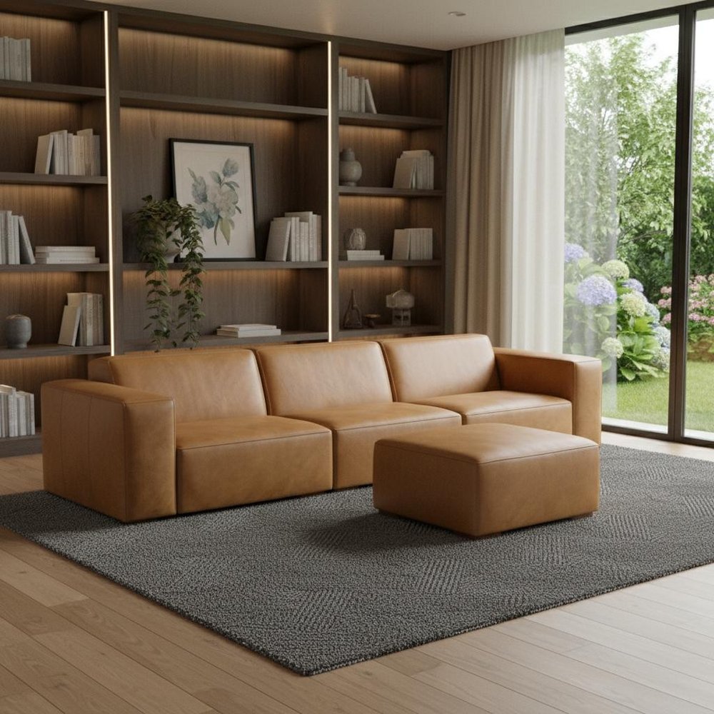 122" Sienna Leather Sofa With Ottoman With Brown Legs