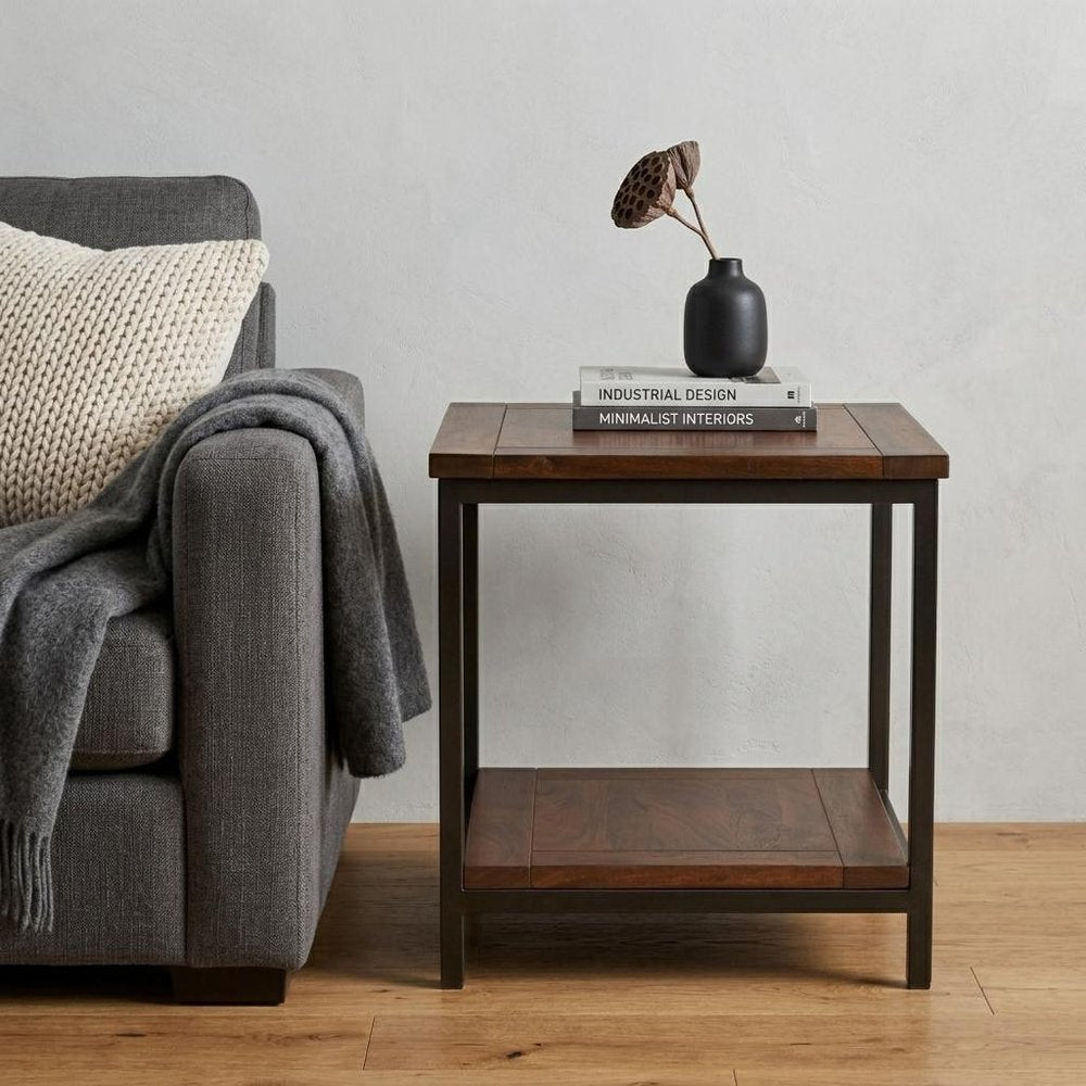 22" Brown Solid Wood and Iron Square End Table With Shelf