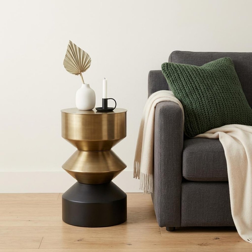 20" Brass and Black Iron Round Pedestal End Table