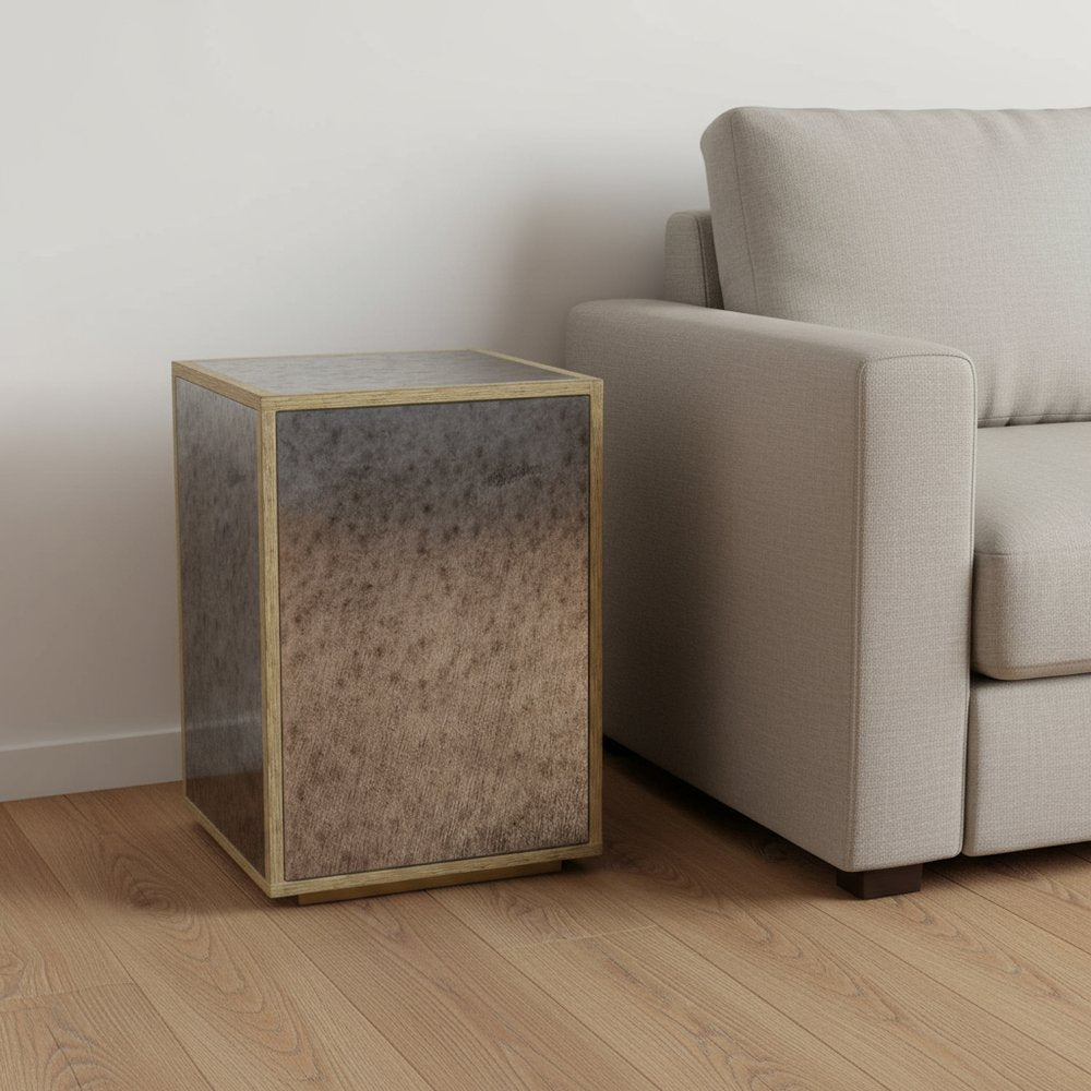 22" Silver and Gold Mirrored Glass and Wood Block End Table