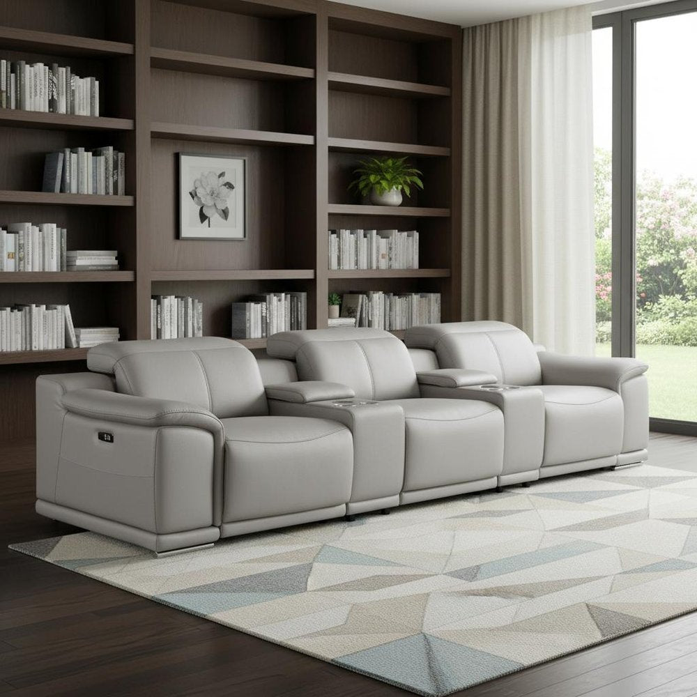 134" Light Gray Top Grain Leather Reclining USB Sofa And Storage