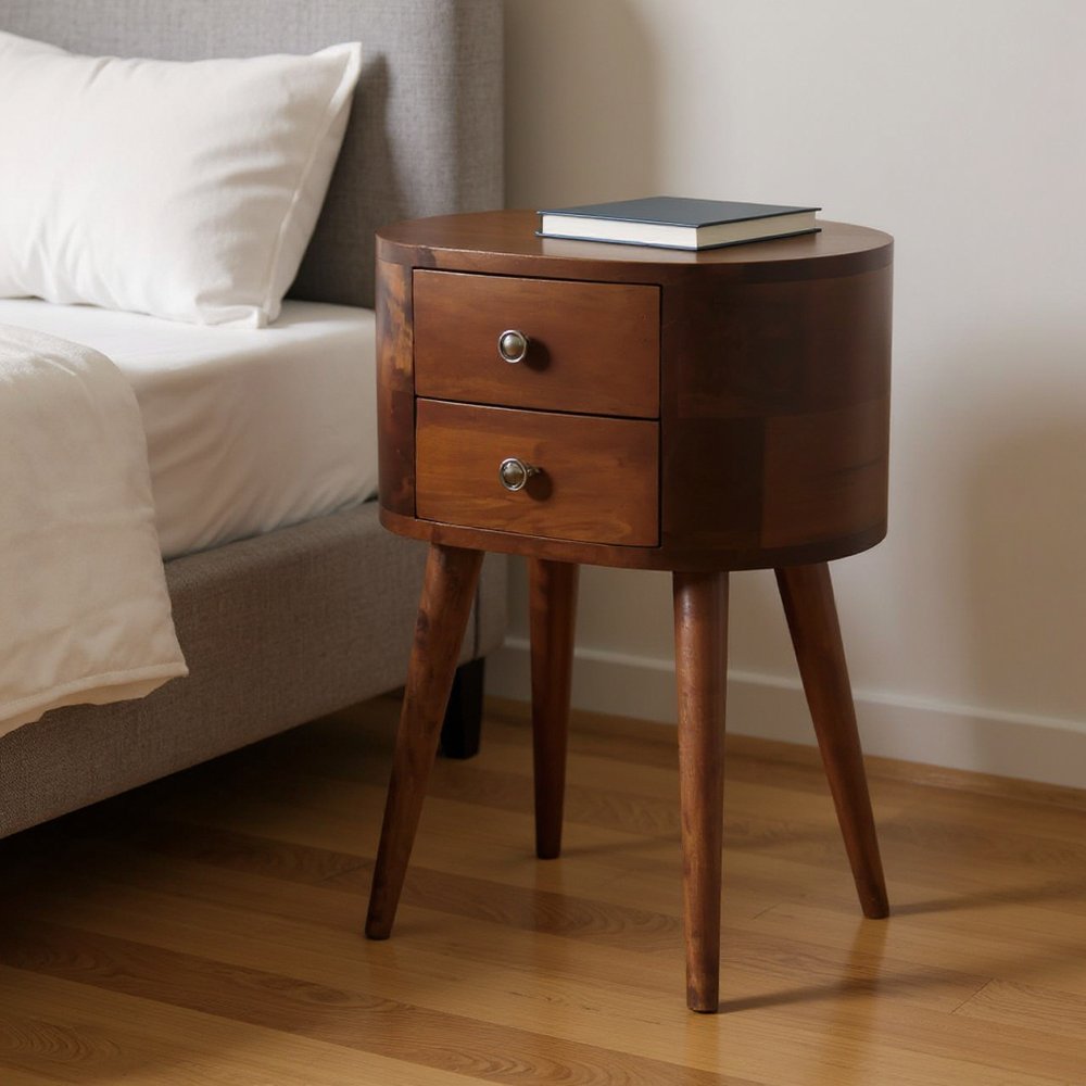 20" Brown Solid Wood Oval Distressed Two Drawer Nightstand