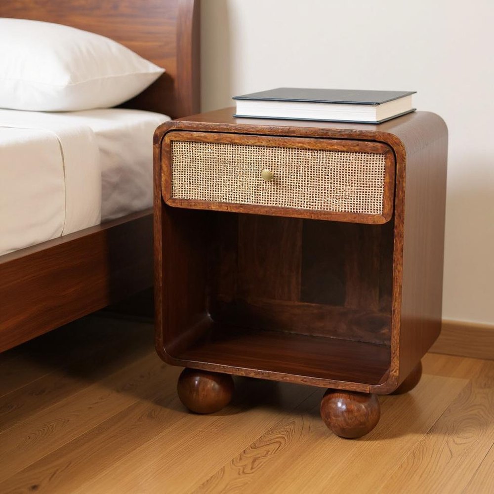 21" Chestnut Solid Wood Cane Rattan One Drawer Nightstand