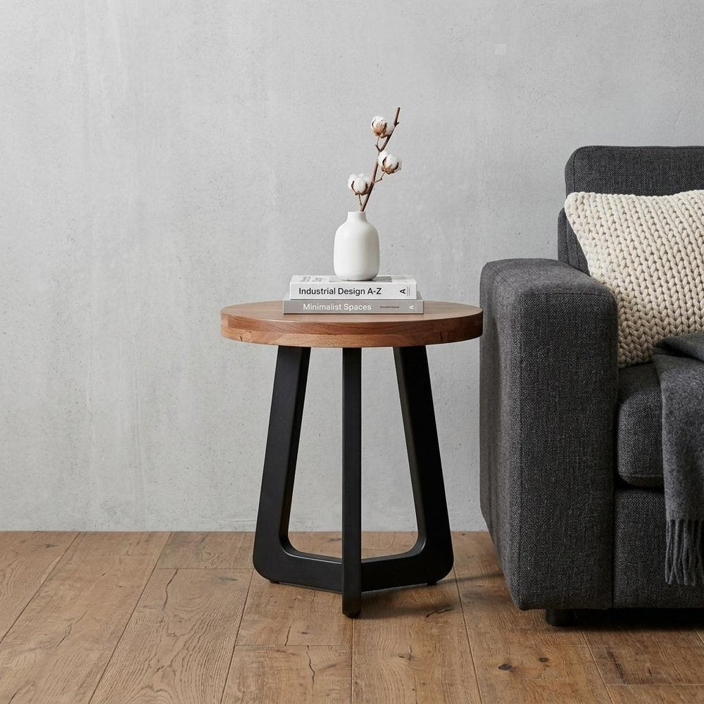 24" Brown and Black Solid Wood And Iron Round Cross Legs End Table
