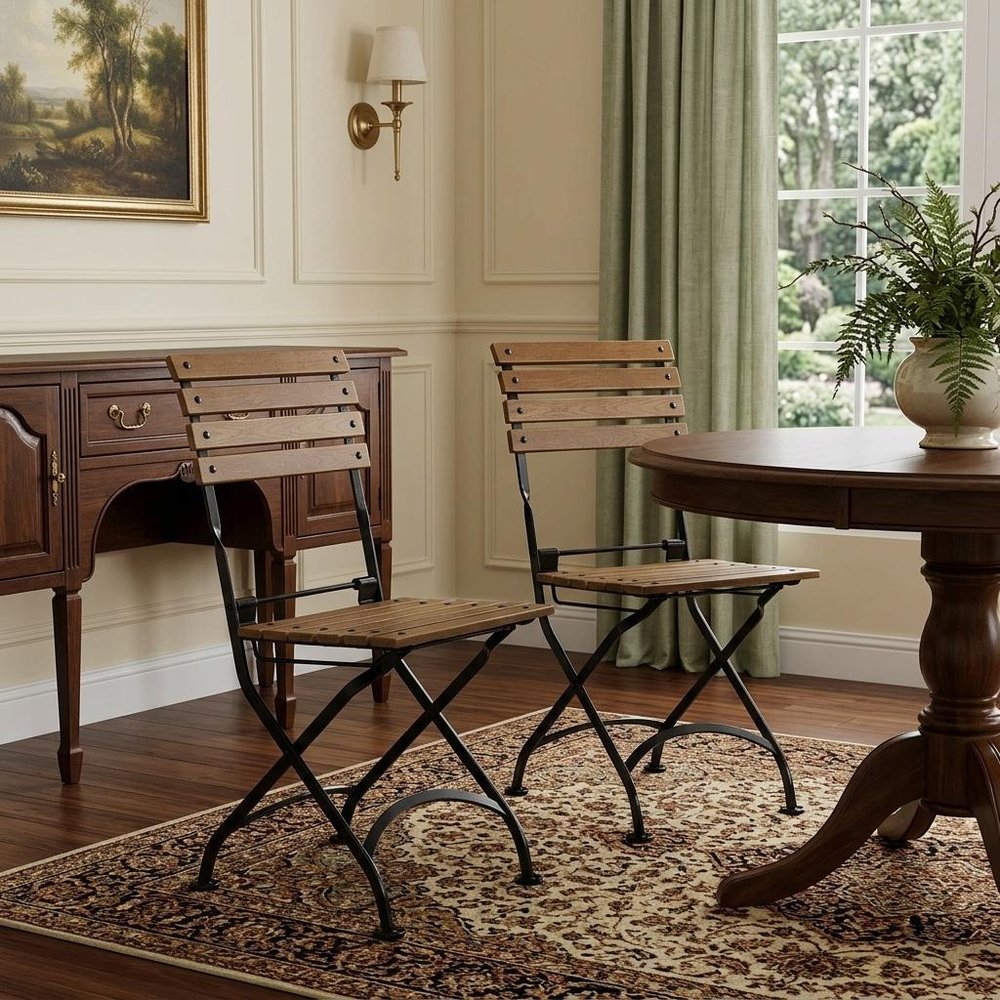 Set of Two Brown Steel Outdoor Folding Accent Chairs
