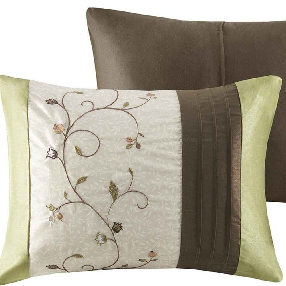 Set of Seven Green And Brown Floral King Ring Stitch Polyester Sham And Comforter