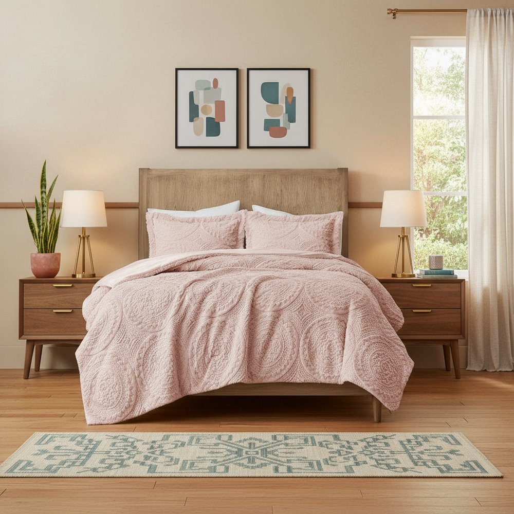 Set of Three Blush Medallion Queen Ring Stitch Polyester Sham And Comforter