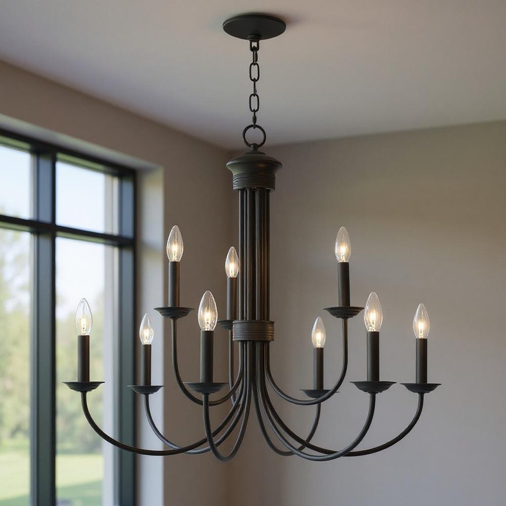 Bronze Nine Light Dimmable Chandelier With Shades