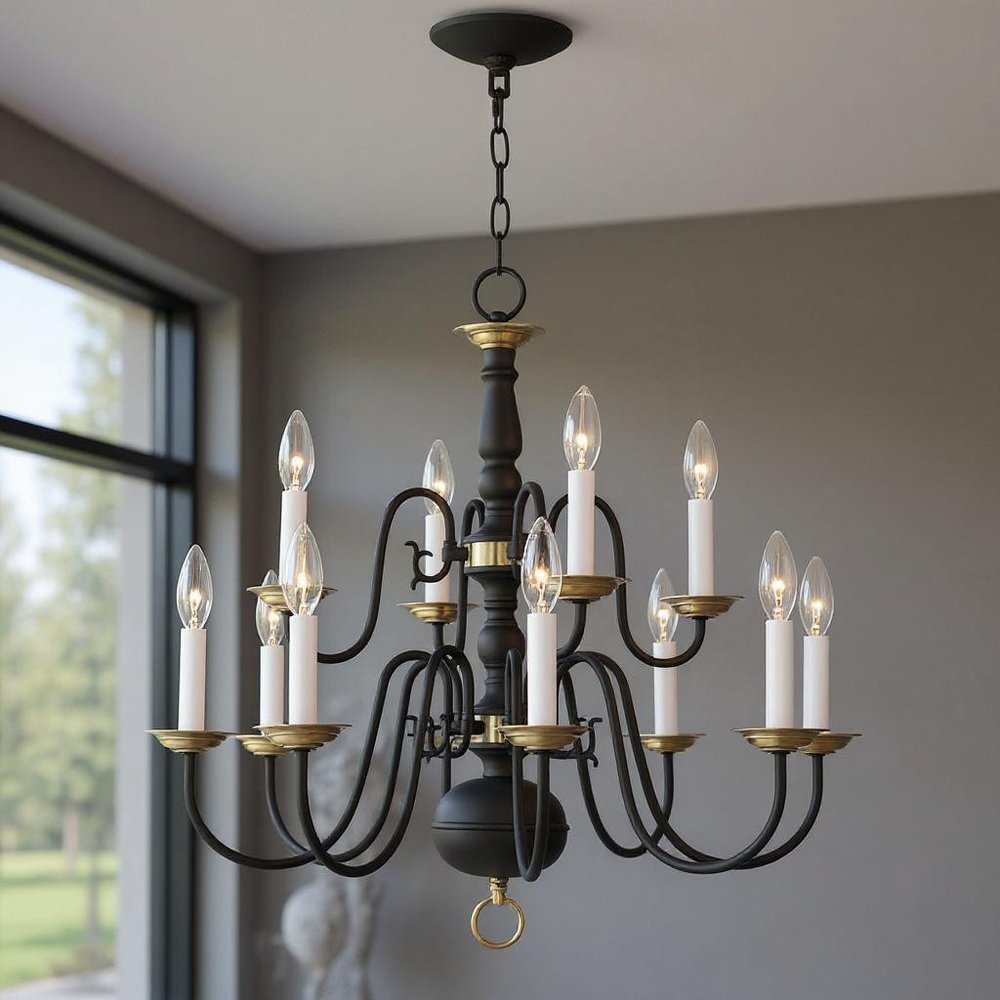 Black Twelve Light Dimmable Chandelier With Shades