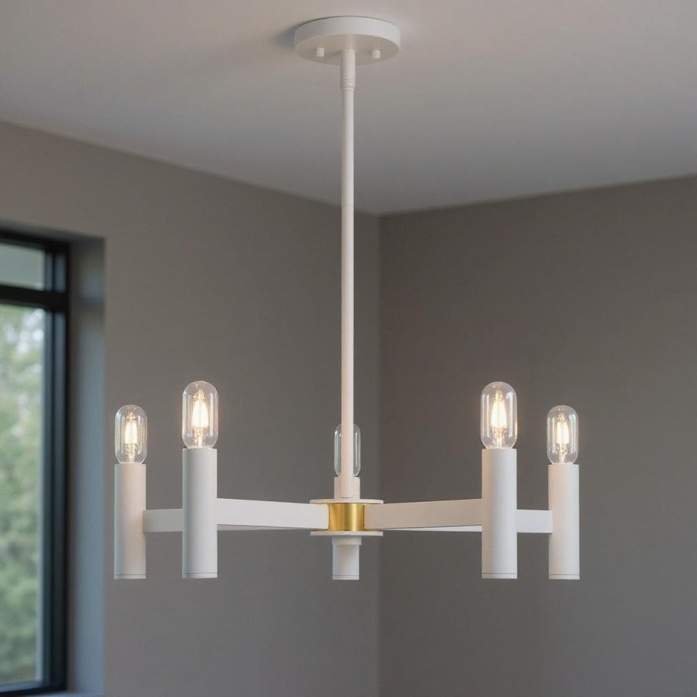 White Five Light Dimmable Chandelier With Shades