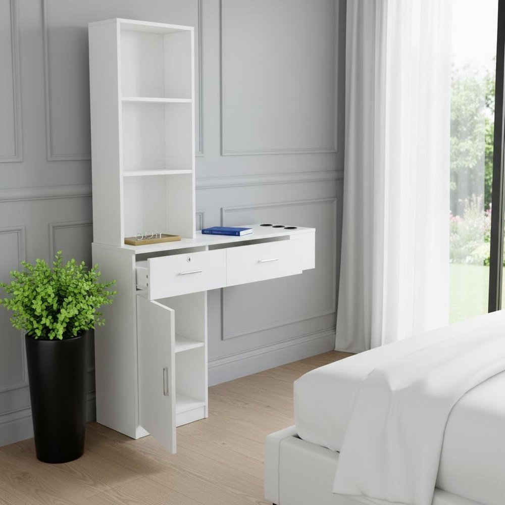 40" White Wood Mirrored Two Drawer Vanity Table