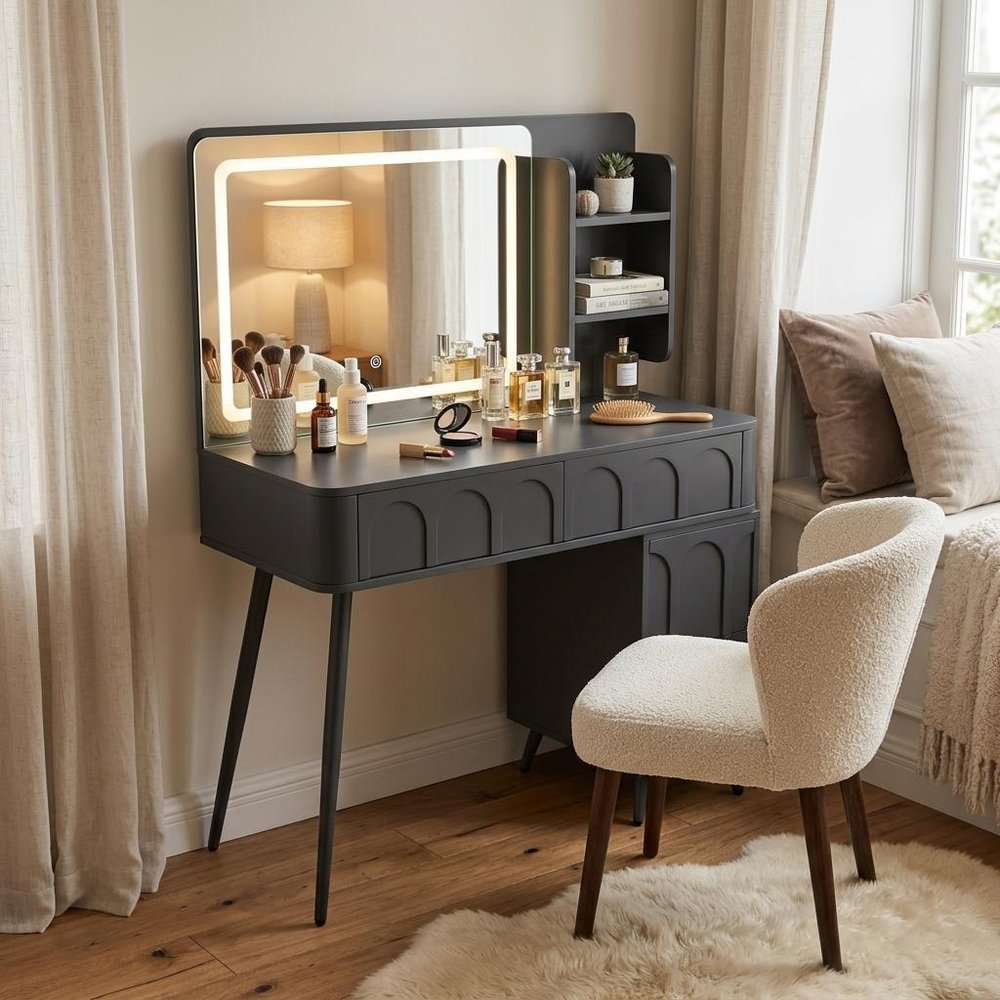 40" Black Wood Mirrored Four Drawer Vanity Table And Lights