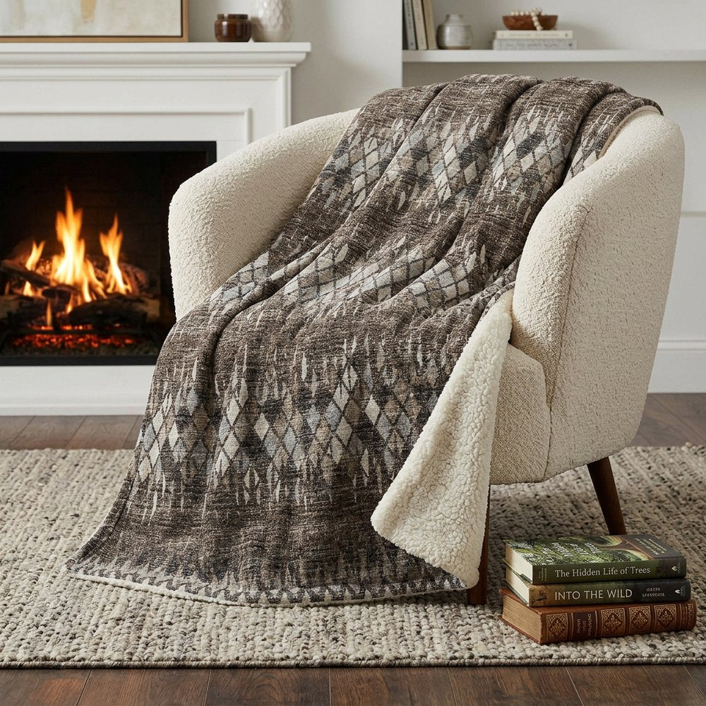 50" X 70" Brown And Beige Geometric Polyester Woven Plush Throw Blanket