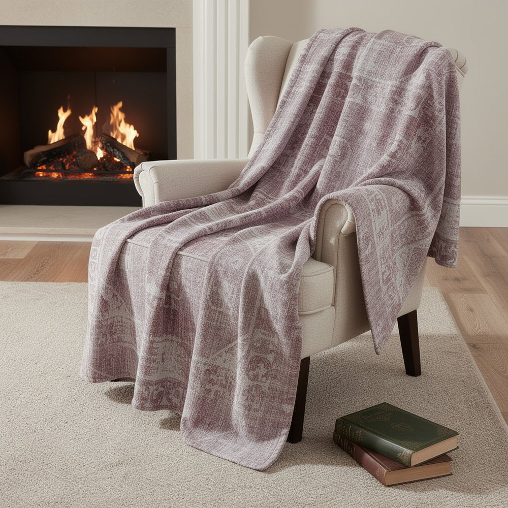 50" X 70" Pink And Ivory Damask Microfiber Plush Throw Blanket