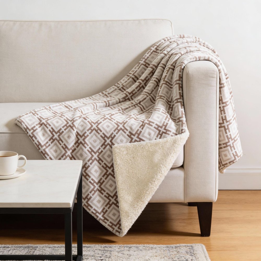 50" X 70" Taupe And Beige Geometric Microfiber Plush Throw Blanket