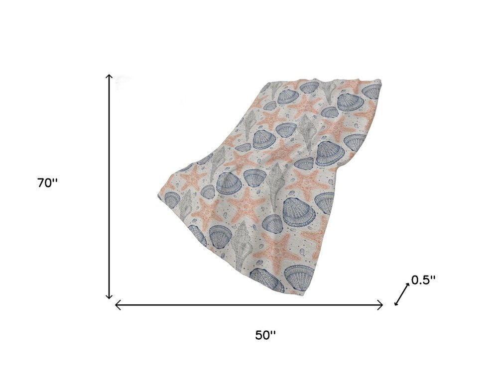 50" X 70" Peach Ivory And Blue Animal Print Polyester Woven Plush Throw Blanket