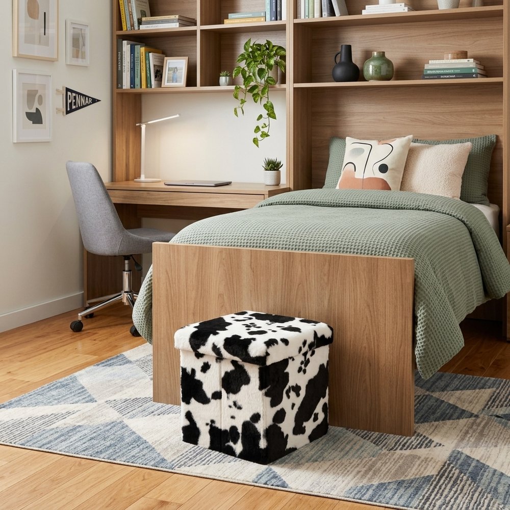 12" Black and White Faux Fur Cow Print Storage Ottoman
