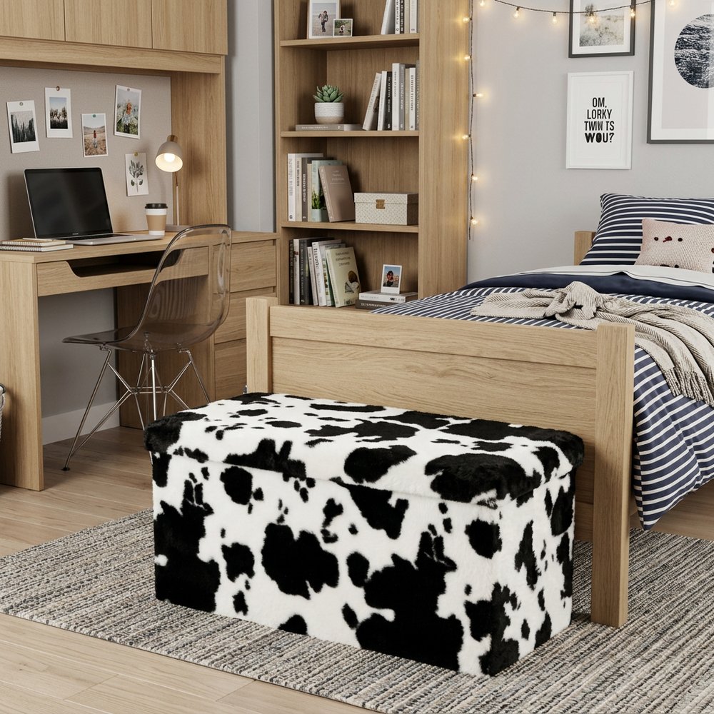 30" Black and White Faux Fur Cow Print Storage Ottoman