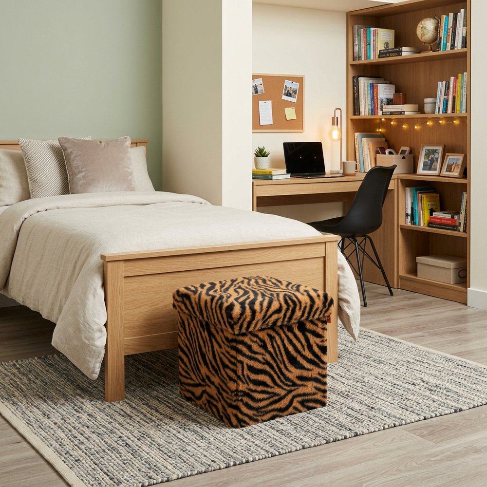 12" Black and Tan Faux Fur Tiger Storage Ottoman