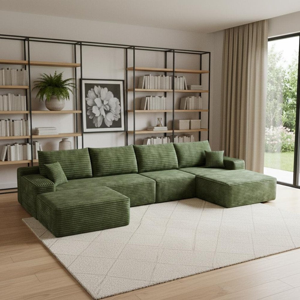135" Green Corduroy Modular Universal Sofa With Ottoman And Toss Pillows