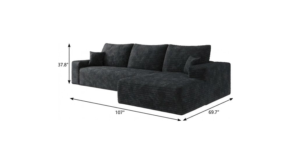 107" Black Corduroy Modular Universal Sofa With Toss Pillows