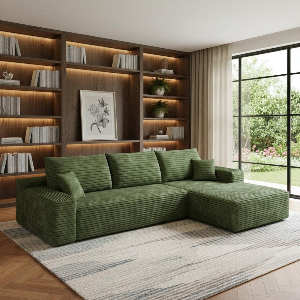107" Green Corduroy Modular Universal Sofa With Toss Pillows
