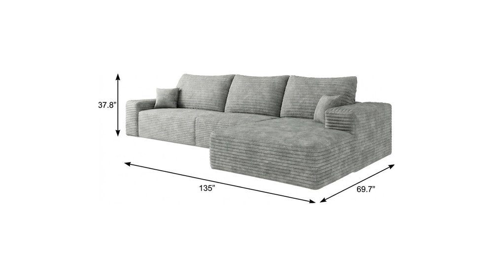 135" Gray Corduroy Modular Universal Sofa With Toss Pillows