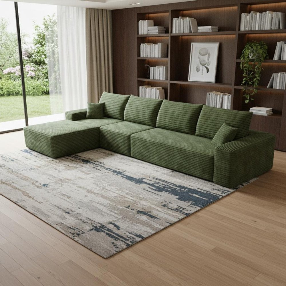 135" Green Corduroy Modular Universal Sofa With Toss Pillows