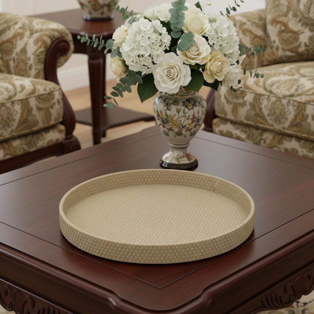 15" Taupe Faux Wicker Round Serving Tray