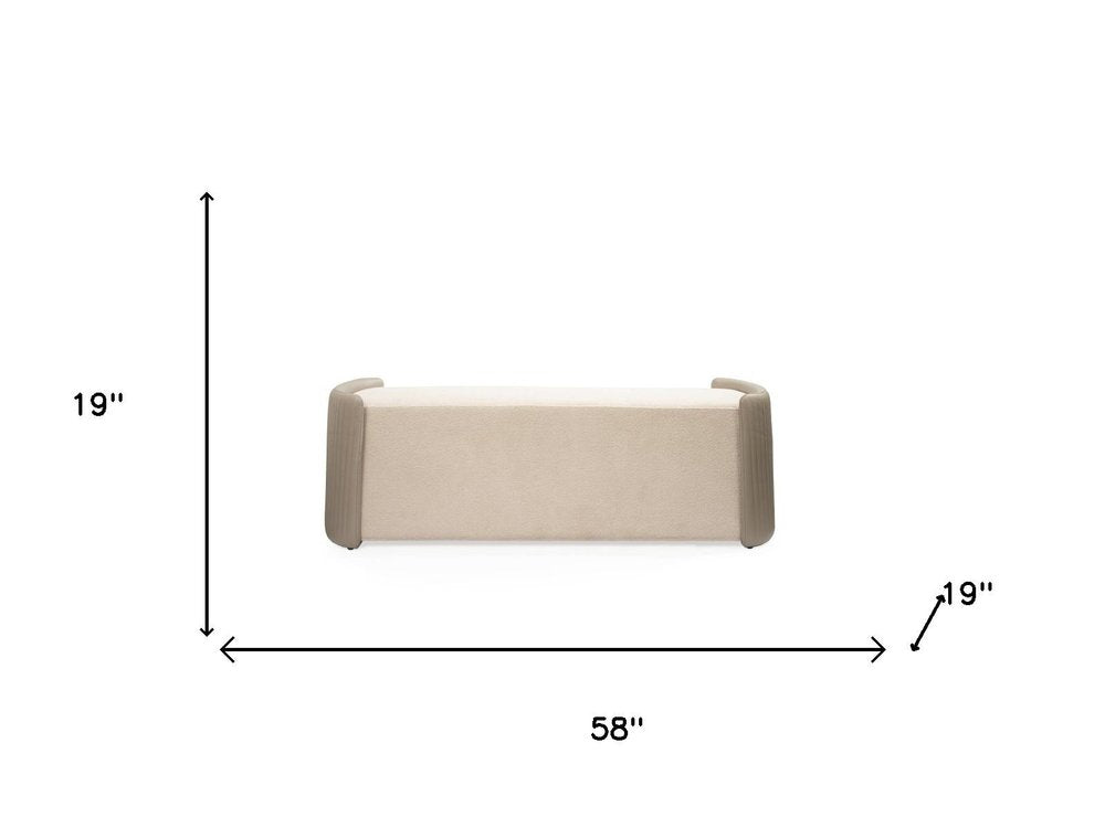 58" Taupe and Light Gray Boucle And Faux Leather Upholstered Bench