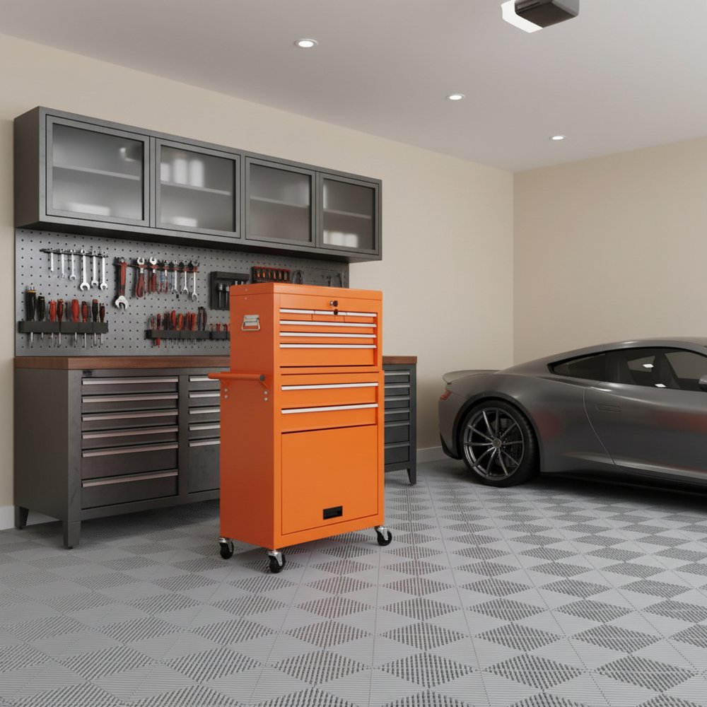 15" Orange Multi-Tier Steel Rolling Cabinet With Lid