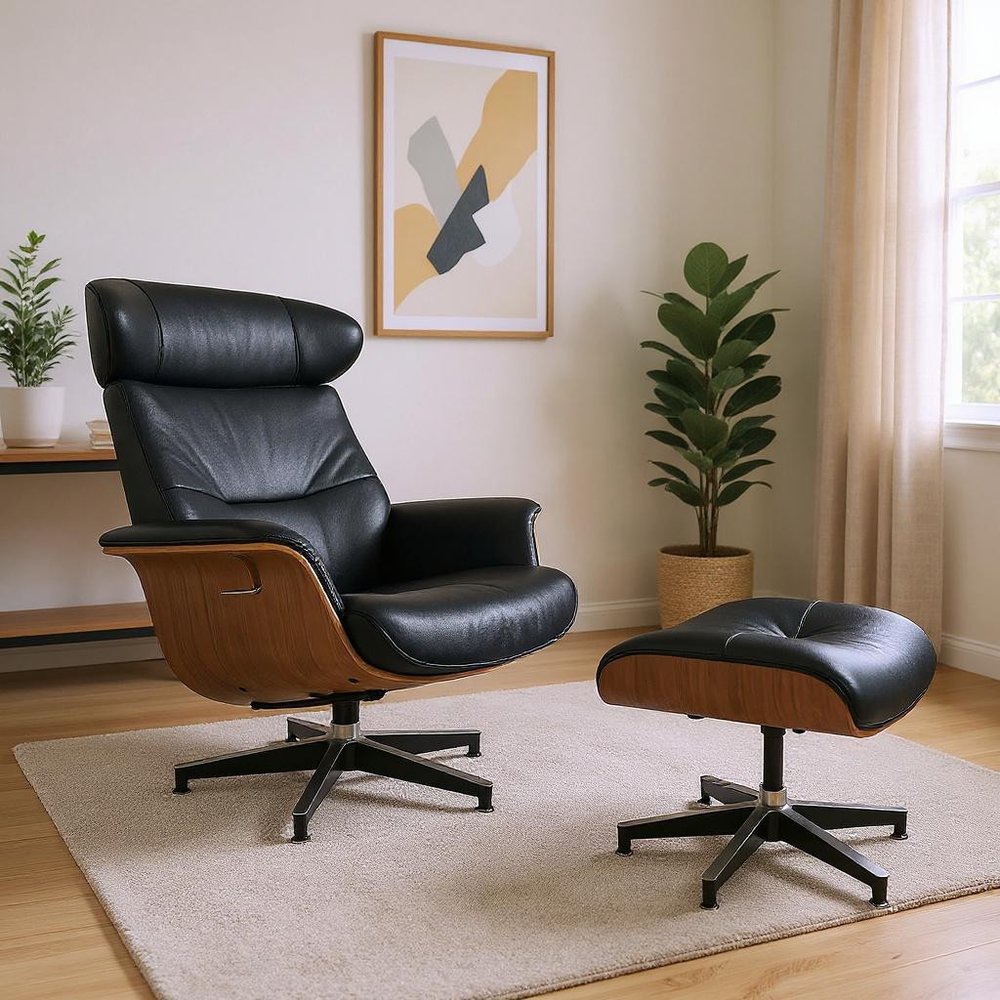 33" Black and Walnut Leather And Wood Swivel Lounge Chair With Ottoman