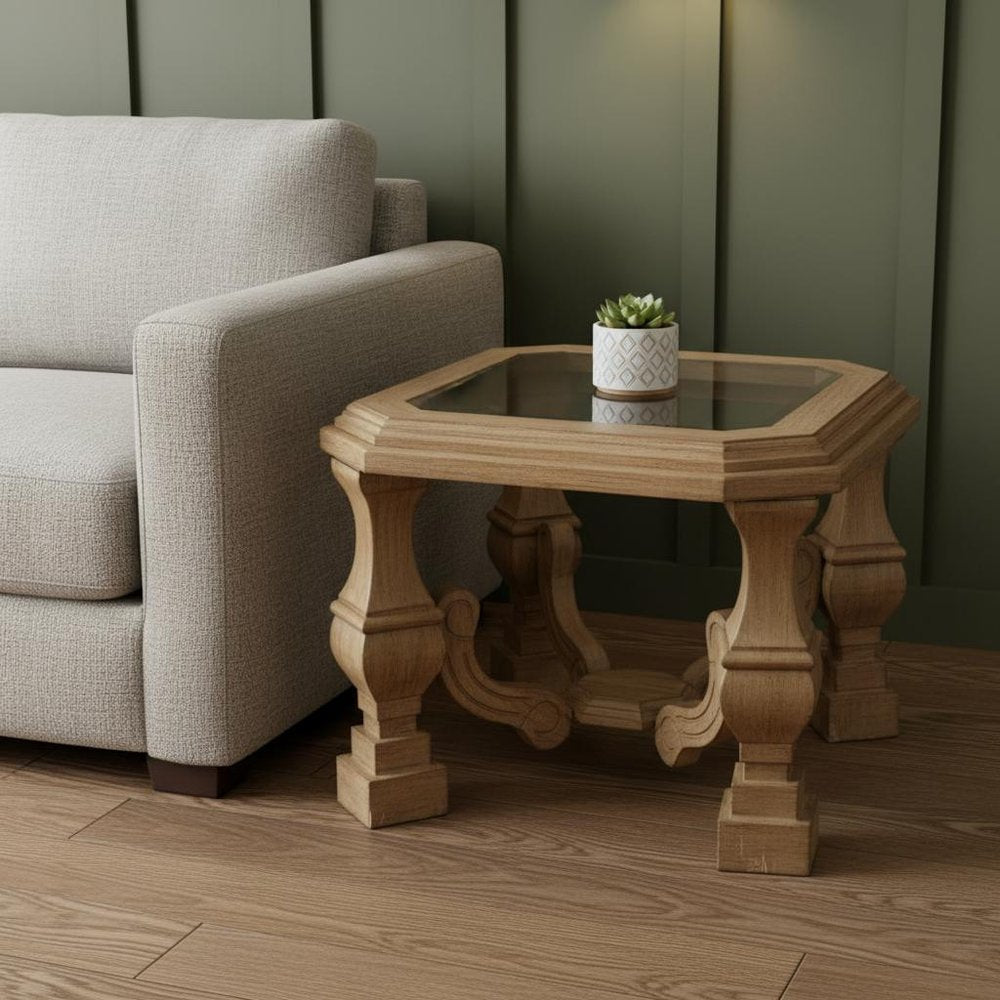 24" Light Brown And Clear Wood And Glass Square End Table