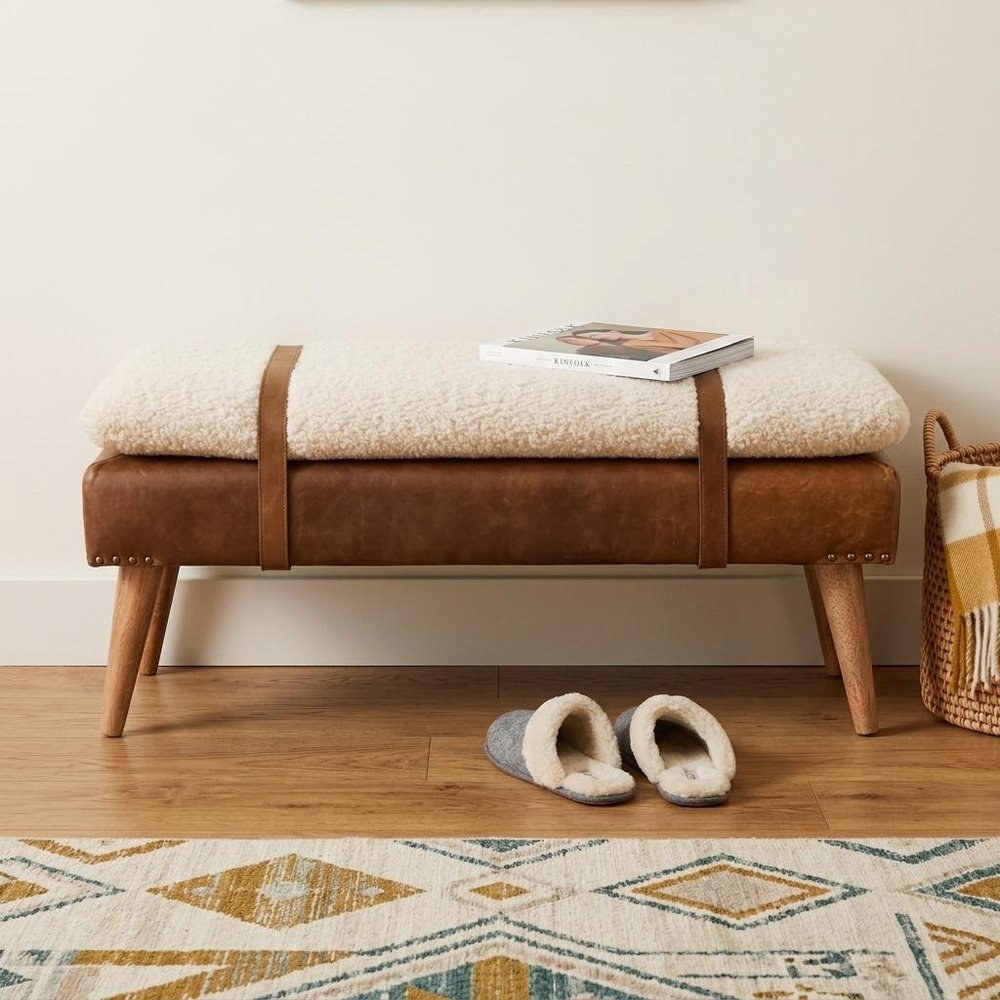 35" Brown Boucle And Genuine Leather and Solid Wood Upholstered Bench