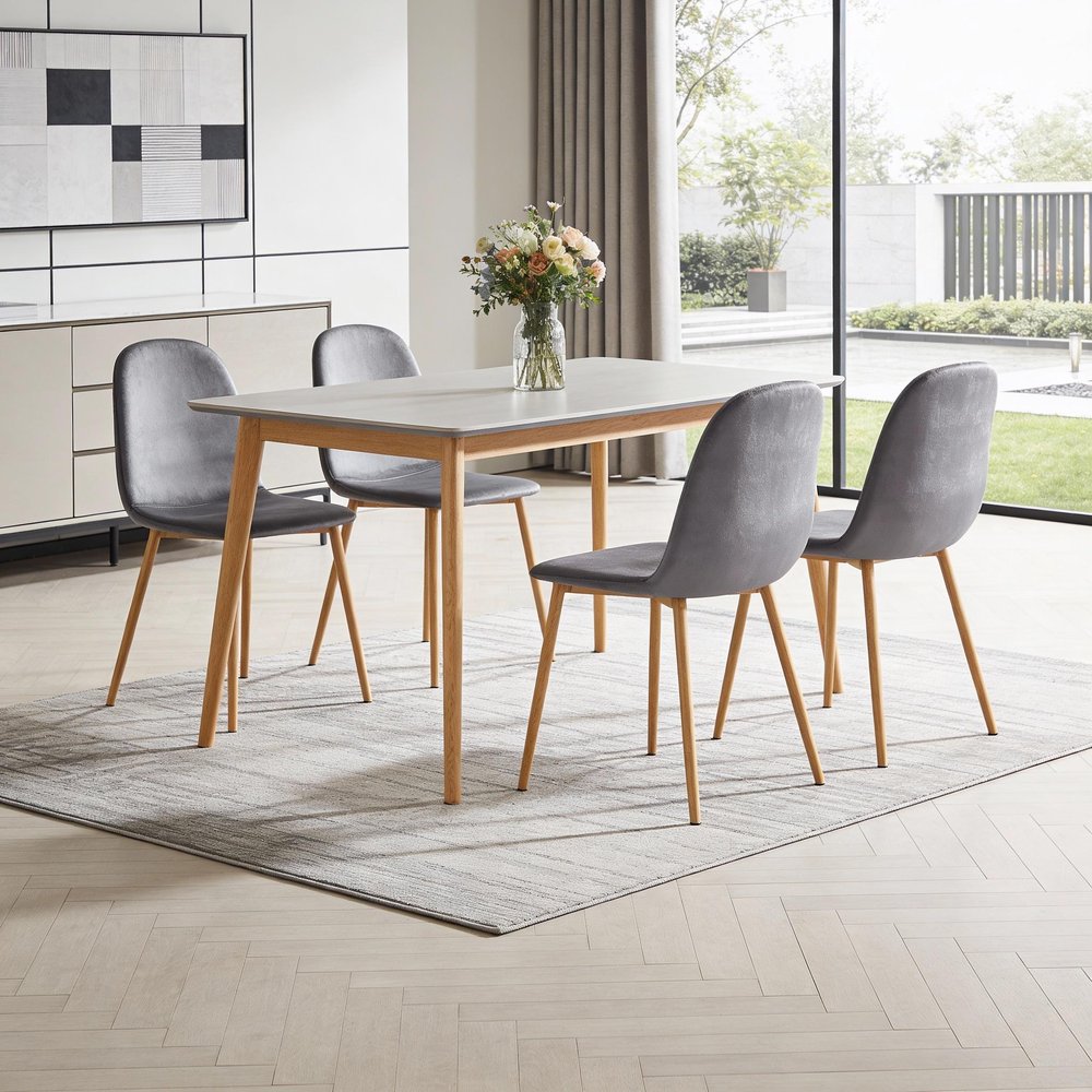 Set of Four Gray and Oak Velvet and Steel Dining Side Chairs