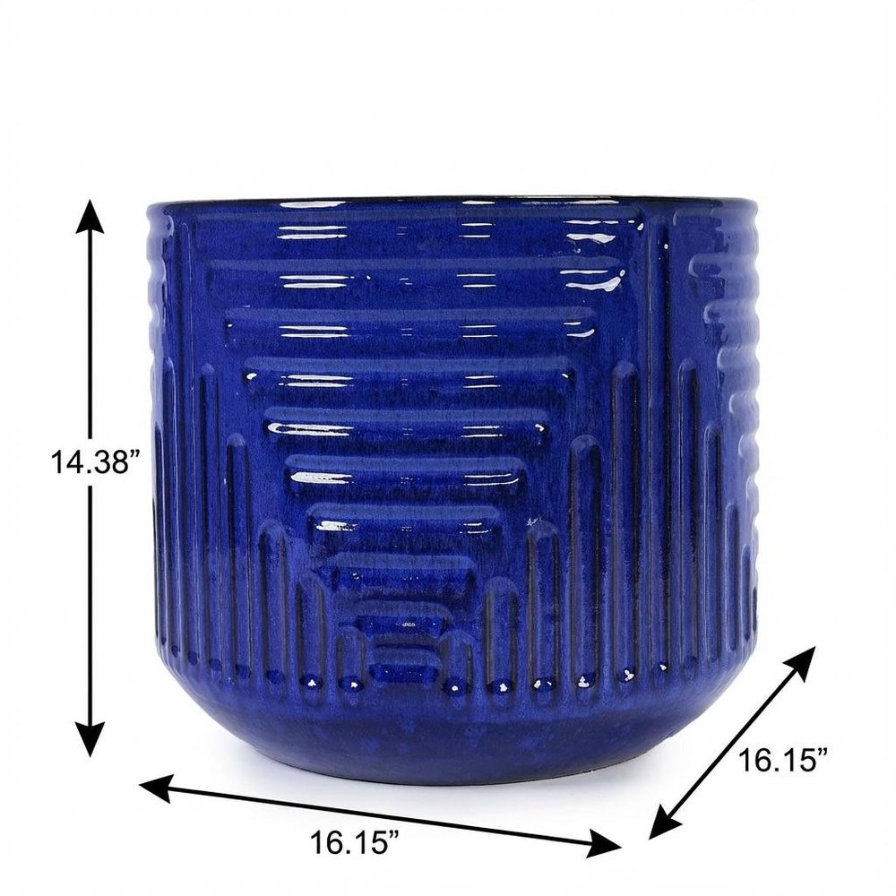 14" X 16" Blue Ceramic Round Planter Box