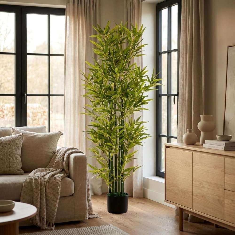 Set of Two 61" Green Artificial Bamboo Tree In Cylindrical Black Pot