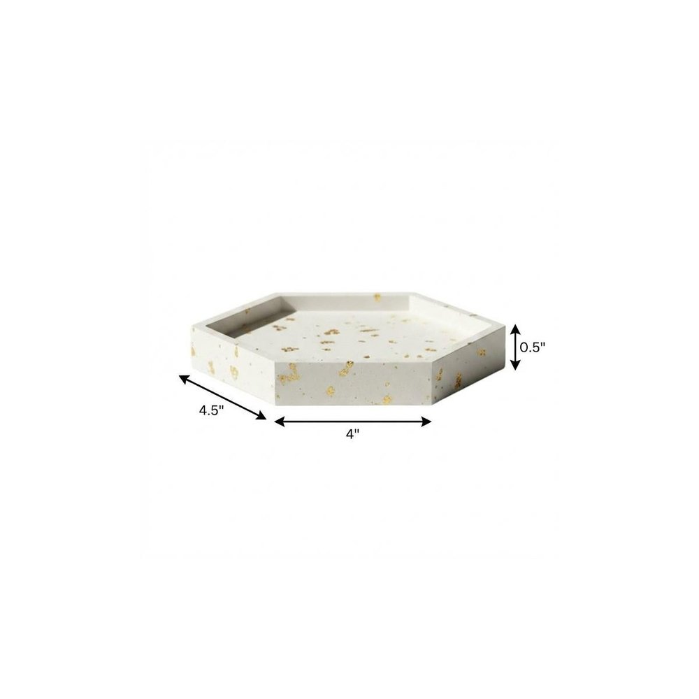 5" White And Gold Resin Handmade Hexagon Trinket Tray