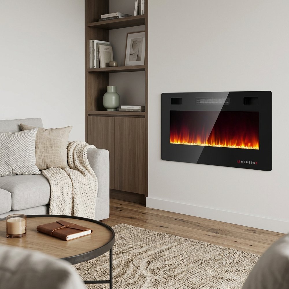 36" Black Metal Electric Fireplace