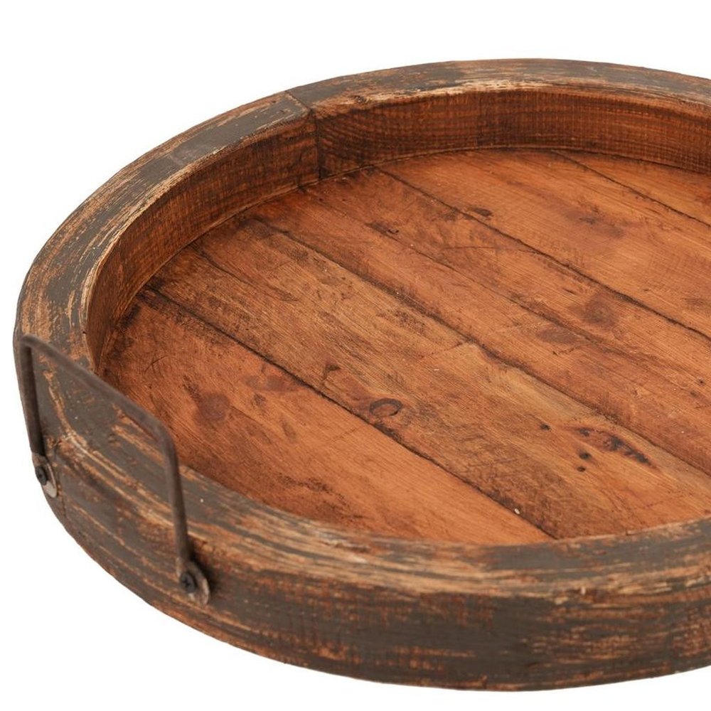 15" Natural And Turquoise Solid Wood Handmade Round Serving Tray With Handles